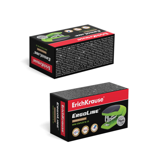 Мини-степлер №10 ErichKrause ErgoLine® Неон до 15 листов, ярко-салатовый (в коробке по 1 шт.)
