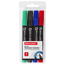 Brauberg "Contract" тұрақты маркерлері, 4 түсті жиынтық, қиғаш ұшы, 1-5 мм, 150473