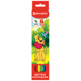 Карандаши цветные BRAUBERG "My lovely dogs", 6 цветов, шестигранные, грифель 3 мм, натуральное дерево, 180518