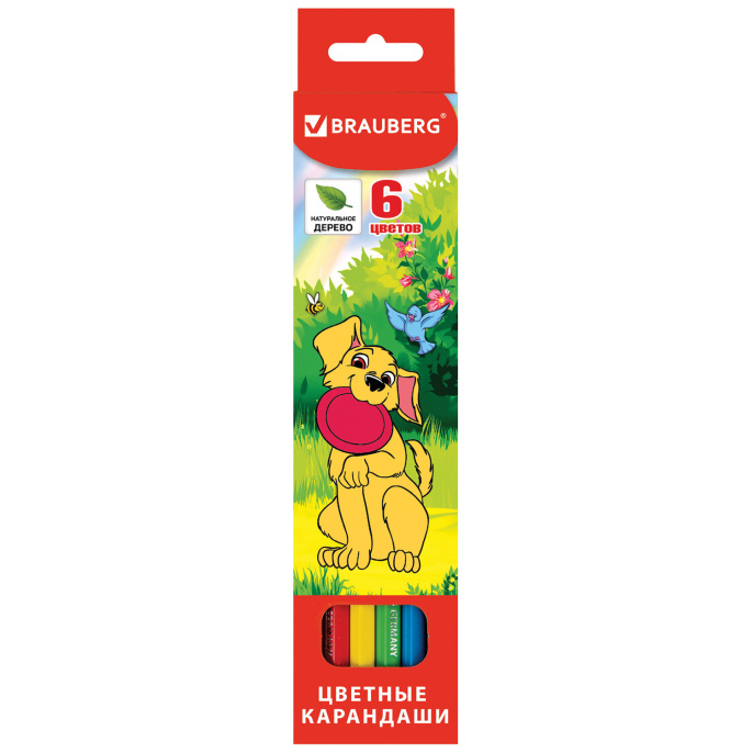 Карандаши цветные BRAUBERG "My lovely dogs", 6 цветов, шестигранные, грифель 3 мм, натуральное дерево, 180518