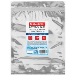 Пакеты дой-пак с замком ZIP LOCK, металлизированная + прозрачная стенка, 180х260 + 40 мм, КОМПЛЕКТ 100 штук, 70 мкм, BRAUBERG, 700686