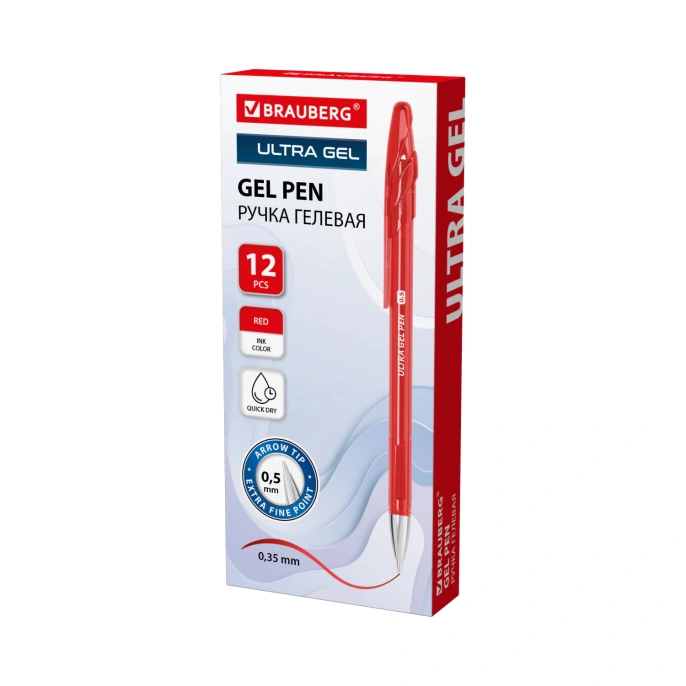 Ручка гелевая BRAUBERG "ULTRA GEL", КРАСНАЯ, стандартный наконечник 0,5 мм, линия письма 0,35 мм, 144267