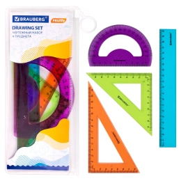 Brauberg "FRUITY" орташа сызба жиынтығы (20 см сызғыш, 2 Үшбұрыш, транспортир), қарындаш қорап, 210771