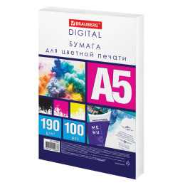 A5 түсті лазерлік басып шығару қағазы, тығыз 190 г/м2, 100 л., BRAUBERG DIGITAL, 145% (CIE), 116409
