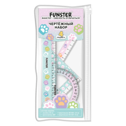 Набор чертежный FUNSTER (линейка 20 см, 2 треугольника, транспортир), кросс-серия КОШАЧЬИ ЛАПКИ, пенал на молнии, 210924