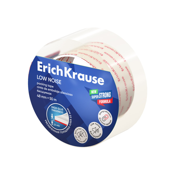 Клейкая лента упаковочная ErichKrause Бесшумная, 48ммх50м, повышенная прозрачность (в пленке по 1шт.)