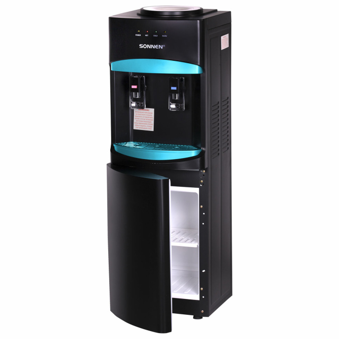 Кулер для воды SONNEN FSC-02W TURBO напольный, ТУРБОНАГРЕВ/ОХЛАЖДЕНИЕ КОМПРЕССОРНОЕ, шкаф, 2 крана, черный, 456171