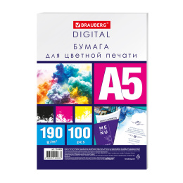 A5 түсті лазерлік басып шығару қағазы, тығыз 190 г/м2, 100 л., BRAUBERG DIGITAL, 145% (CIE), 116409