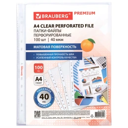 Папки-файлы перфорированные А4 BRAUBERG "PREMIUM", КОМПЛЕКТ 100 шт., матовые, 40 мкм, 273008