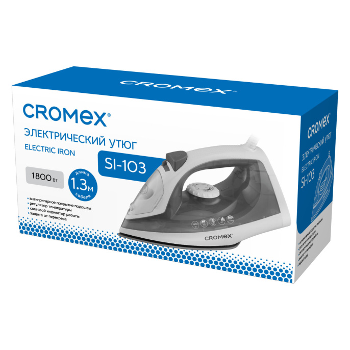 Утюг паровой CROMEX SI-103, 1800Вт, антипригарное покрытие, паровой удар, вертикальное отпаривание, самоочистка, серый/белый, 458314