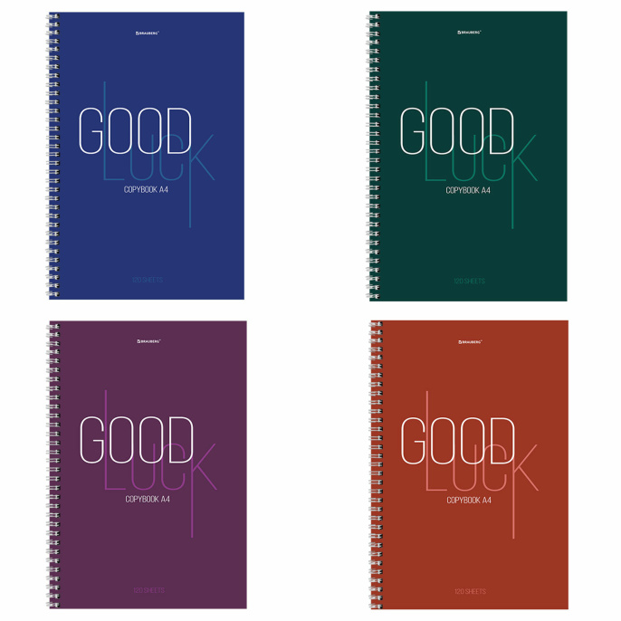 Тетрадь А4, 120 л., BRAUBERG, гребень, клетка, обложка твердая, "Good Luck", 404074