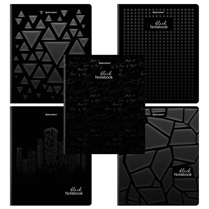 Тетрадь А5, 48 л., BRAUBERG, скоба, клетка, матовая ламинация, выборочный лак, "Black" (микс в спайке), 404375