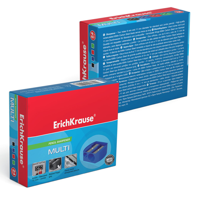 Точилка пластиковая ErichKrause Мульти, Классика, двойная, ассорти (в коробке-дисплее по 24 шт)