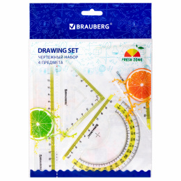 Шағын BRAUBERG "FRESH ZONE" сурет жинағы (15 см сызғыш, 2 Үшбұрыш, транспортир), сары шкала, 210762