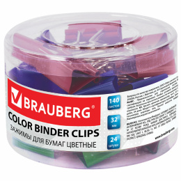 BRAUBERG қағаз қыстырғыштары, 24 дана, 32 мм, 140 Парақ, түрлі-түсті, пластикалық цилиндрде, 221129