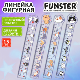 Линейка пластиковая 15 см фигурная, FUNSTER (ФАНСТЕР), "КОТЫ", прозрачная, ассорти, европодвес, 210921