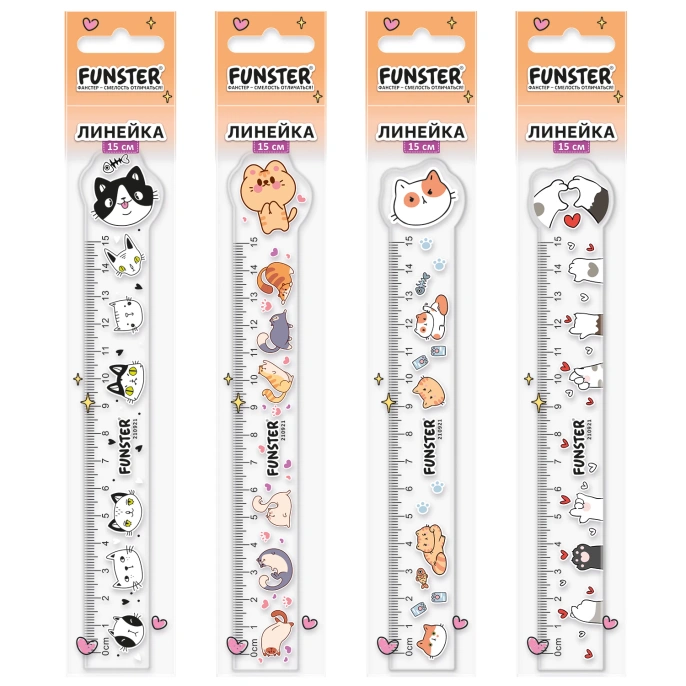 Линейка пластиковая 15 см фигурная, FUNSTER (ФАНСТЕР), "КОТЫ", прозрачная, ассорти, европодвес, 210921