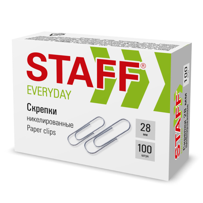 STAFF "EVERYDAY" қағаз қыстырғыштары, 28 мм, никельмен қапталған, 100 дана, картон қорапта, 226758