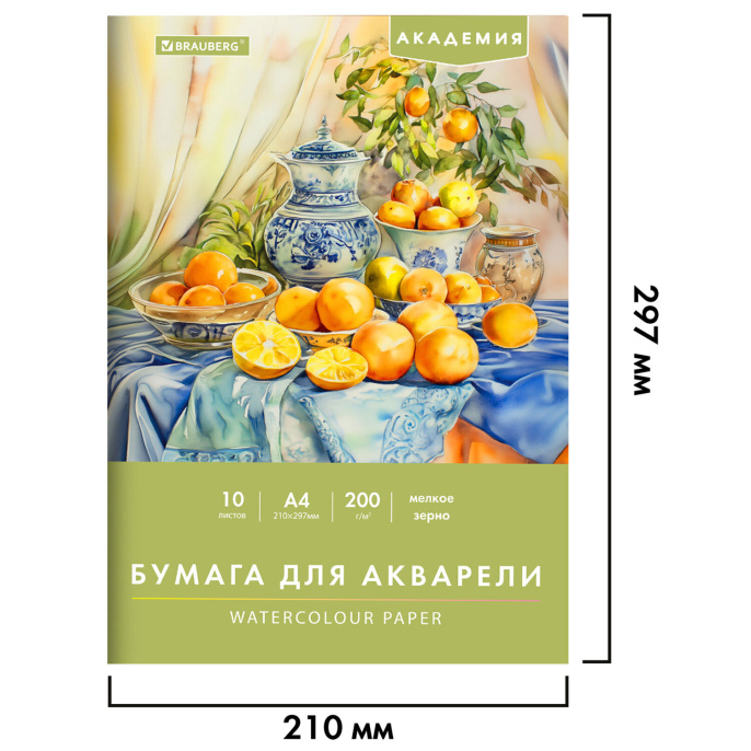 Папка для акварели А4, 10 л., 200 г/м2, 210х297 мм, BRAUBERG АКАДЕМИЯ, "Апельсины", 117743