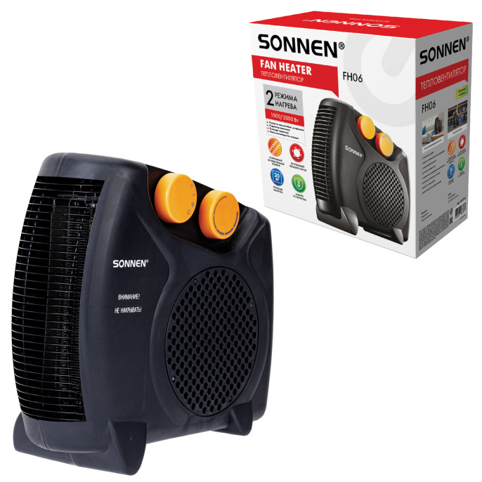 SONNEN fh06 желдеткіш жылытқышы, 1000/2000 Вт, 2 қыздыру режимі, желдету режимі, қара / қызғылт сары, 457781