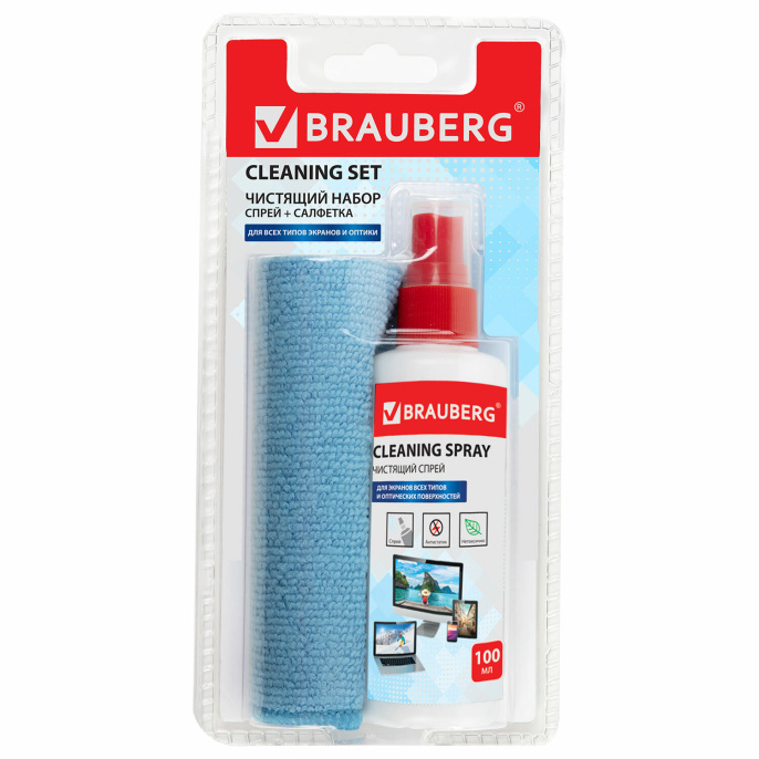BRAUBERG экрандары мен оптикасына арналған тығыз микроталшықты тазалау жинағы, 100 мл спрей, 510341