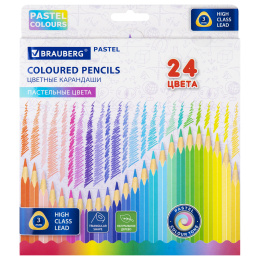 Карандаши цветные BRAUBERG PASTEL, 24 пастельных цвета, трехгранные, грифель 3 мм, натуральное дерево, 181851