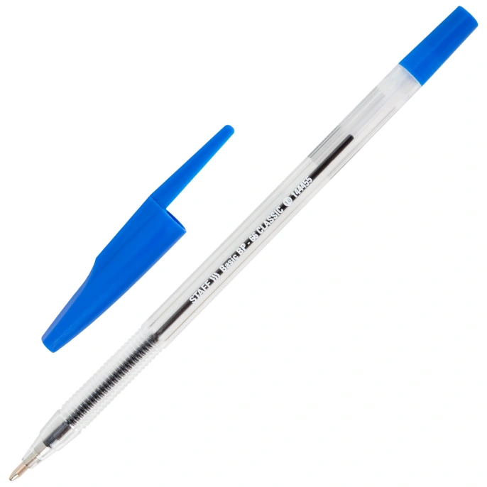 Ручка шариковая STAFF "Basic BP-66 CLASSIC", СИНЯЯ, корпус прозрачный, узел 1 мм, линия письма 0,5 мм, 144455