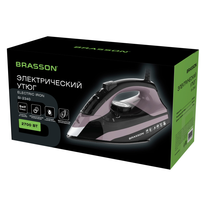 Утюг паровой BRASSON (БРАССОН) SI-2340, 2700Вт, керамика, автоотключение, антикапля, ШНУР 2,8м, самоочистка, графит/розовый, 458310