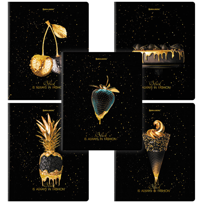 Тетрадь А5, 48 л., BRAUBERG, скоба, клетка, матовая ламинация, фольга, "Black&Gold" (микс в спайке), 404370