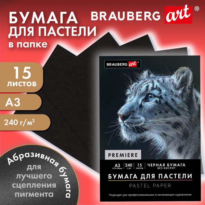 Бумага для пастели АБРАЗИВНАЯ А3 в папке, 15 листов, ЧЕРНАЯ, 240 г/м2, BRAUBERG ART, 117766
