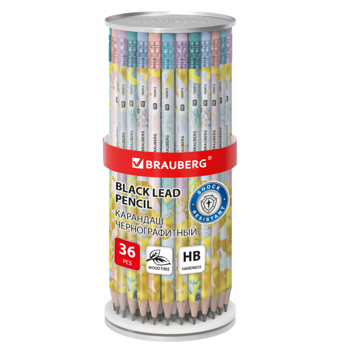 BRAUBERG "MARBLE" қара графитті қарындаш, 1 дана, HB, өшіргішпен, ассорти корпусы, 182013