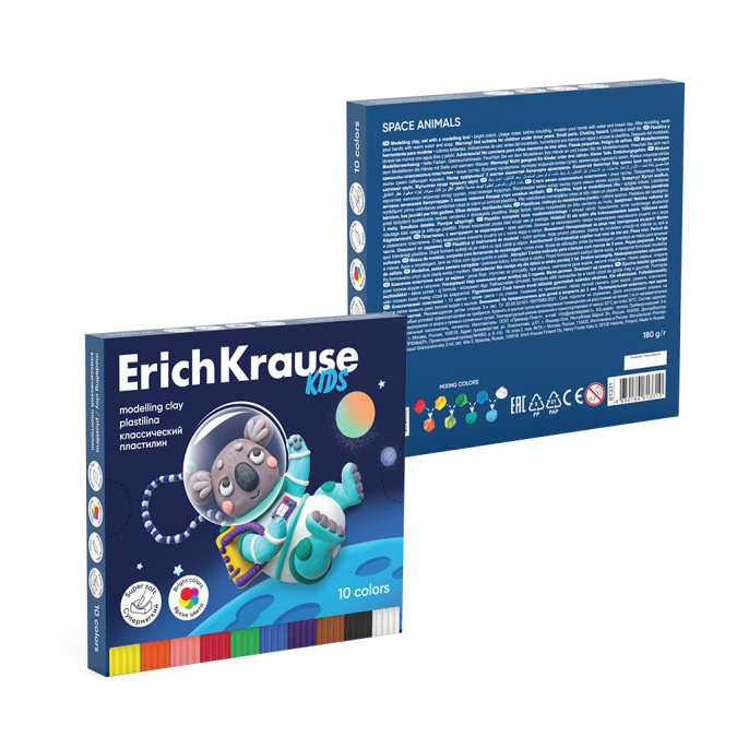 Пластилин классический ErichKrause для детей Звери в космосе 10 цветов со стеком, 180 г (в коробке 10 шт)