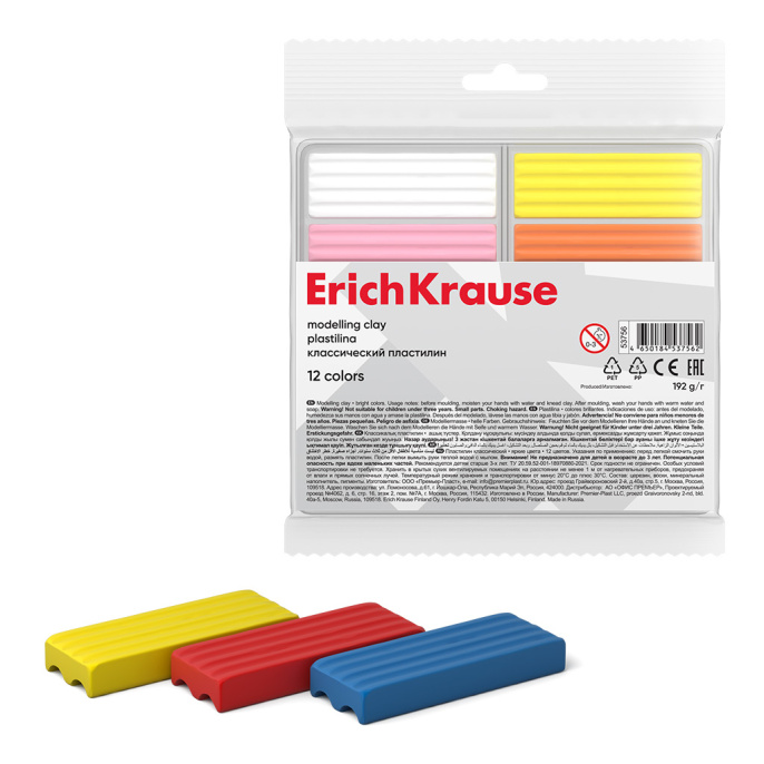 Пластилин классический ErichKrause 12 цветов, 192 г (в пакете с европодвесом 12 шт)