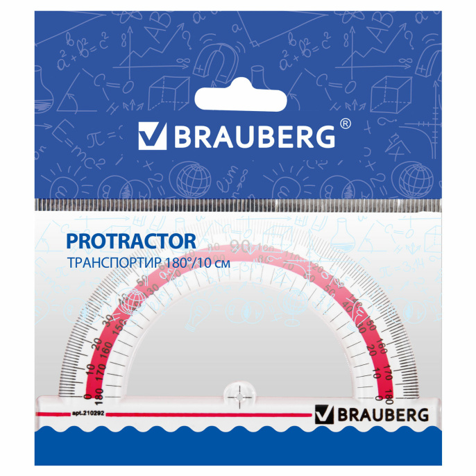 Транспортир 10 см, 180 градусов, пластиковый, BRAUBERG "Crystal", прозрачный, с выделенной шкалой, подвес, 210292