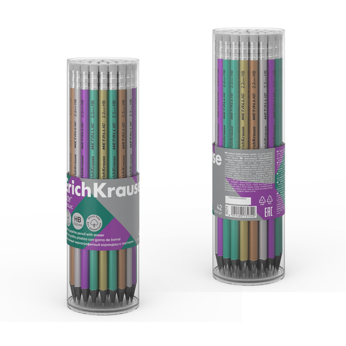 Чернографитный карандаш пластиковый ErichKrause JOY® Металлик, круглый, с ластиком, ТМ (в тубусе по 42 шт.)
