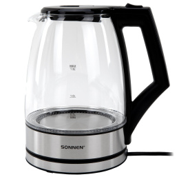 Чайник электрический SONNEN KT-1807, 1,8 л, 2200 Вт, термостойкое стекло, внутренняя подсветка синяя, нержавеющая сталь, 455140