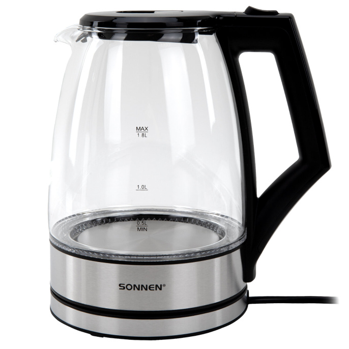 Чайник электрический SONNEN KT-1807, 1,8 л, 2200 Вт, термостойкое стекло, внутренняя подсветка синяя, нержавеющая сталь, 455140
