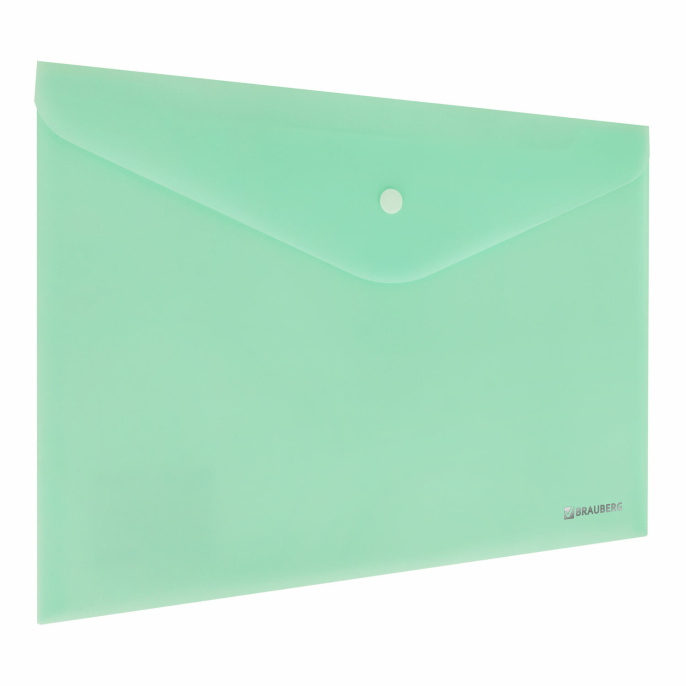 Папка-конверт с кнопкой BRAUBERG "Pastel", А4, матовая непрозрачная, мятная, ПРОЧНАЯ 0,2 мм, 272883