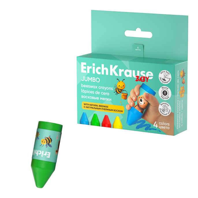 Восковые мелки ErichKrause для малышей с пчелиным воском утолщенные Jumbo круглые, 4 цвета (в коробке с европодвесом 4 шт)
