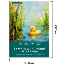 Бумага для гуаши и акрила А4 20 л., 235 г/м2, 210х297 мм, в папке, BRAUBERG ART CLASSIC, "Уточка", 117732