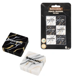 Ластики BRAUBERG "MARBLE", НАБОР 6 штук, 34х34х11 мм, квадратные, экологичный ПВХ, блистер, 272735