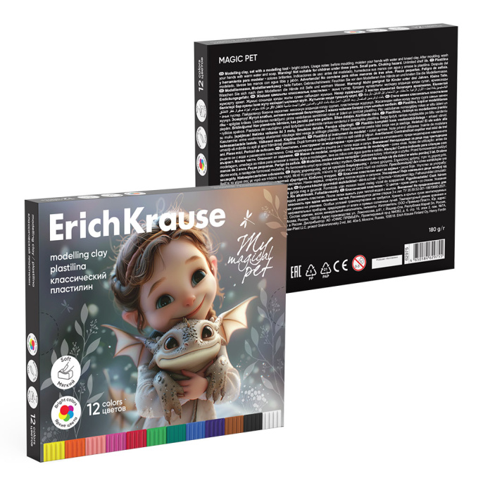 Пластилин классикалық ErichKrause сиқырлы үй жануарлары стегі бар 12 түсті, 180 г (қорапта 12 дана)