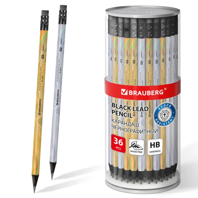 BRAUBERG "SILVER/GOLD" қара графитті қарындаш, 1 дана, HB, өшіргішпен, ассорти корпусы, 182011