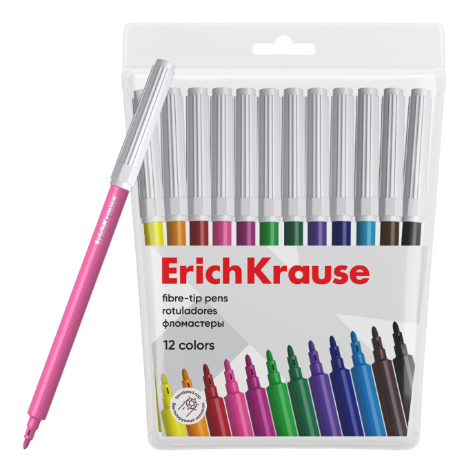 Фломастеры ErichKrause 12 цветов (в футляре с европодвесом 12 шт)