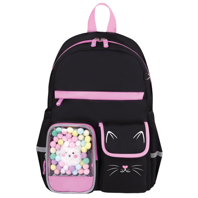 Рюкзак BRAUBERG PASTEL с термонашивками в комплекте, "Black kitty", черный, 40х29х14 см, 273128