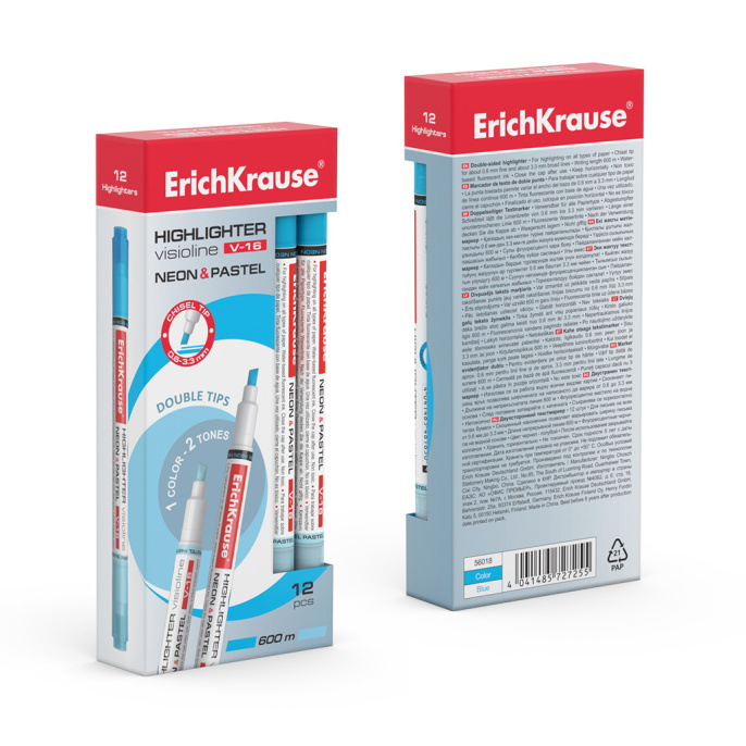 Двухсторонний маркер для выделения текста ErichKrause VisioLine® V-16 Неон и пастель, цвет чернил голубой (в коробке по 12 шт.)