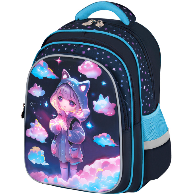 Рюкзак BRAUBERG KIDS FLOSSY, 2 отделения, 3 кармана, "Sky girl", 3D-панель, 40х28х18 см, 273179