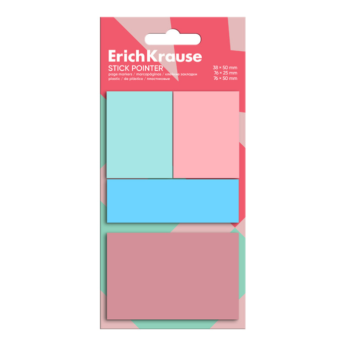 Жабысқақ бетбелгілер пластикалық ErichKrause 38x50mm, 76x25mm, 76x50mm, 80 Парақ, 4 түсті