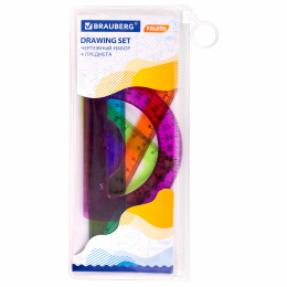 Brauberg "FRUITY" орташа сызба жиынтығы (20 см сызғыш, 2 Үшбұрыш, транспортир), қарындаш қорап, 210771
