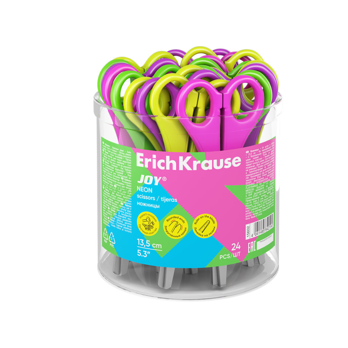Ножницы ErichKrause JOY® Неон, 13.5см, ассорти (в тубусе по 24 шт.)